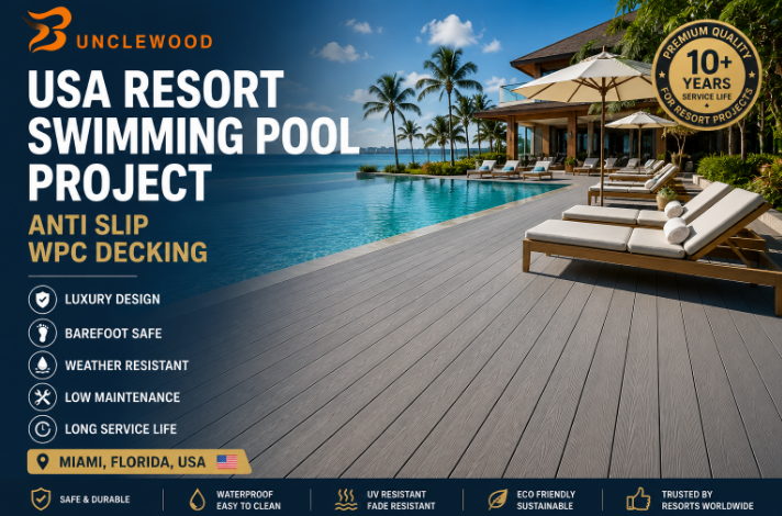 USA Resort Swimming Pool Project with Anti Slip WPC Decking for Luxury Outdoor Leisure Spaces